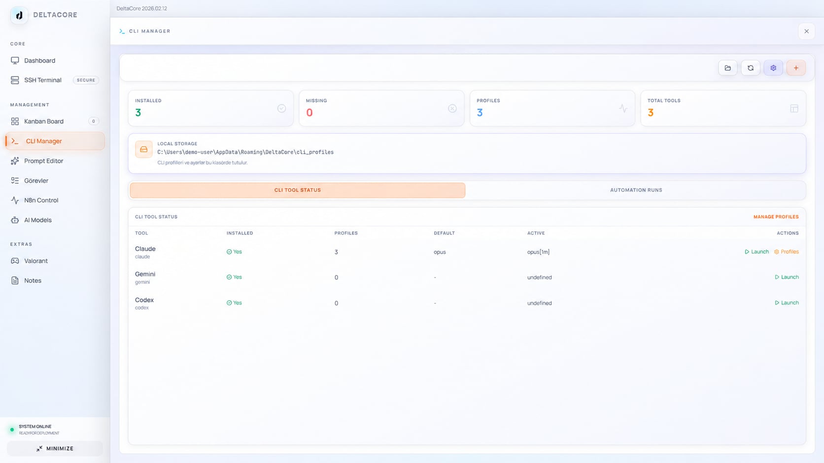 DeltaCore CLI Manager ekranında anonimleştirilmiş yerel profil dizini