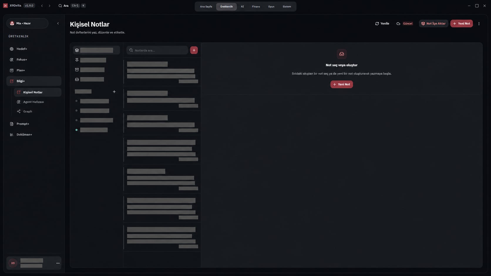 X9Delta Kişisel Notlar modülünde anonimleştirilmiş not listesi