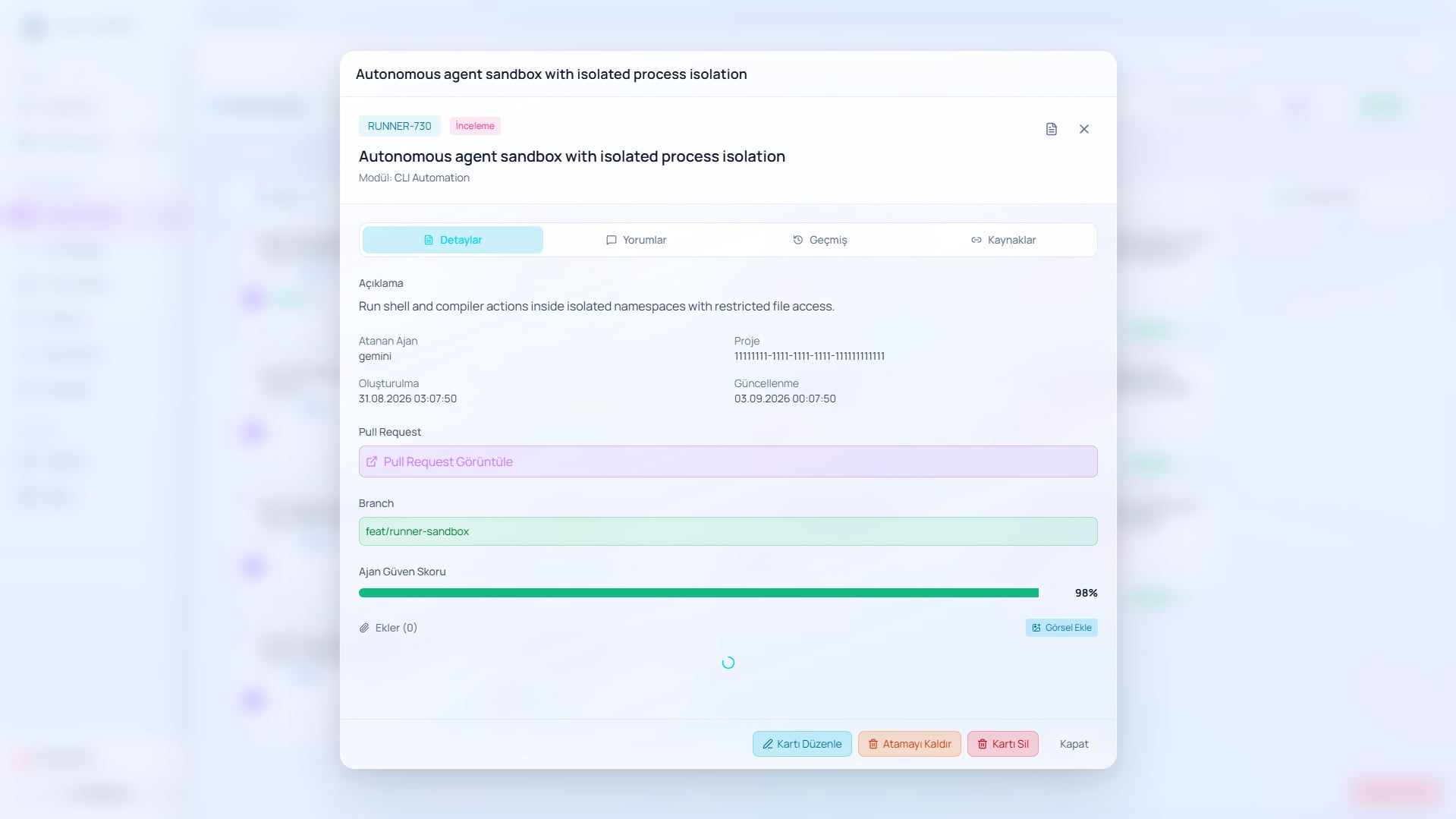 DeltaCore otonom ajan sandbox görevi ve güven skoru detayları