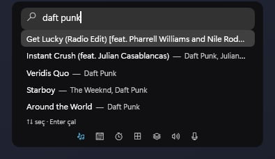 XNineIsland içinden Spotify parçası arama ve sonuç seçme görünümü
