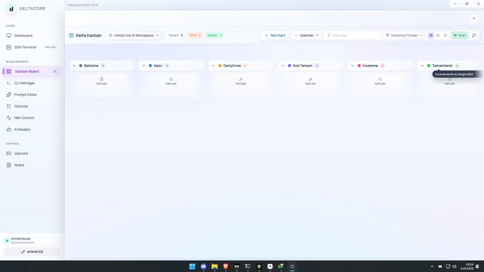 DeltaCore boş Kanban çalışma alanında iş akışı kolonları