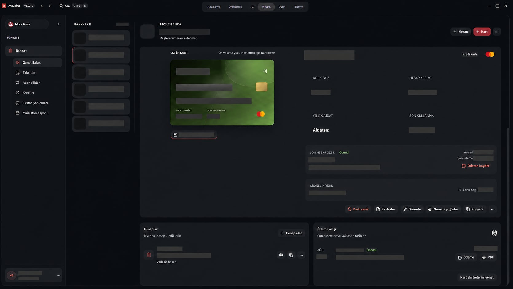 X9Delta kişisel finans modülünde anonimleştirilmiş kart detayı