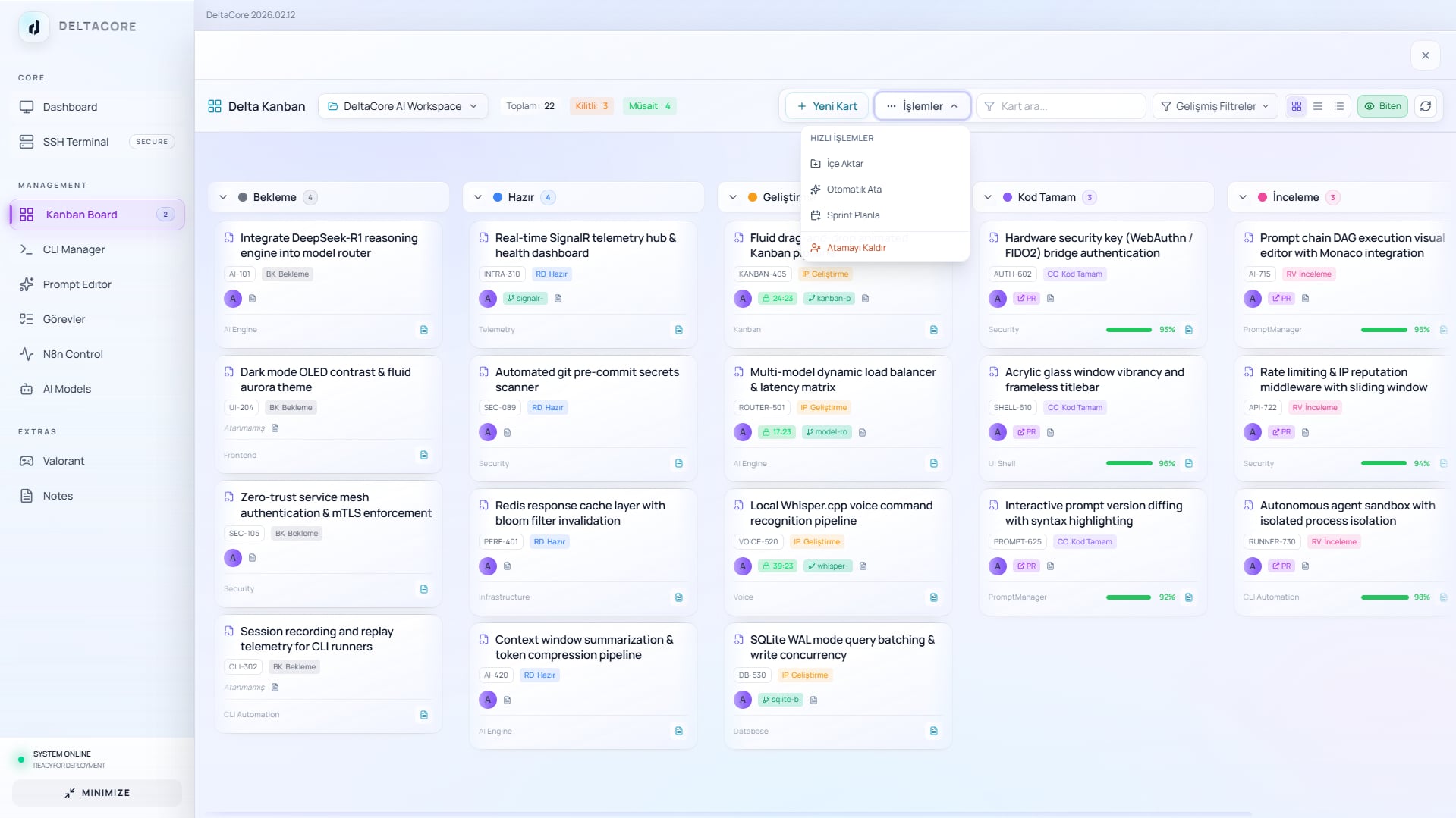 DeltaCore Kanban panosunda hızlı işlemler menüsü